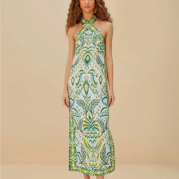 FARM Rio Tropical Tapestry Halter Linen Maxi Sundress in Off-White at Nordstrom, Size Medium FARM Rio Tropical Tapestry Halter Linen Maxi Sundress in Off-White at Nordstrom, Size Medium